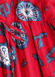 Natural red print cotton Soft Surroundings v neck drawstring Love summer Dresses - SooLinen