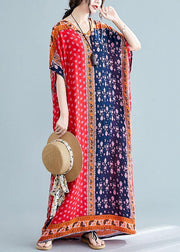 Natural red print cotton dresses v neck pockets cotton robes summer Dresses - SooLinen