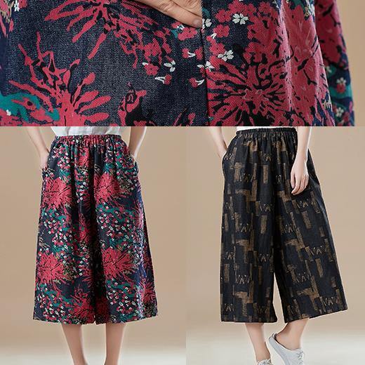 Natural red print cotton for women Fitted Catwalk Robe elastic waist wide leg pants - SooLinen