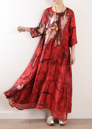 Natural red print silk dresses asymmetric big hem Kaftan summer Dresses