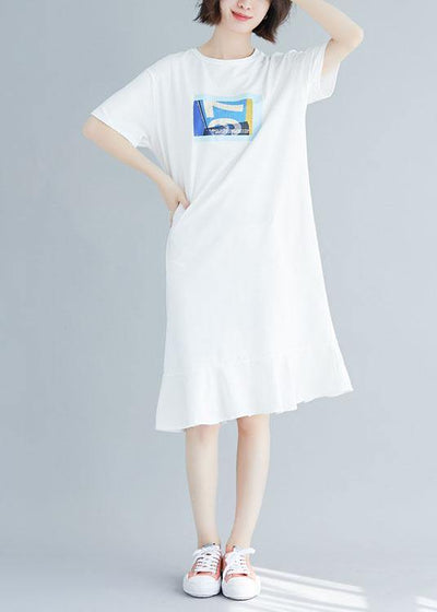 Natural ruffles hem cotton clothes For Women Shirts white prints Dress summer - SooLinen