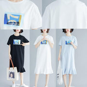 Natural ruffles hem cotton clothes For Women Shirts white prints Dress summer - SooLinen