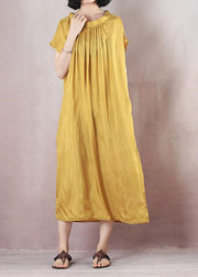Natural short sleeve cotton summer clothes Runway yellow Plus Size Dresses - SooLinen