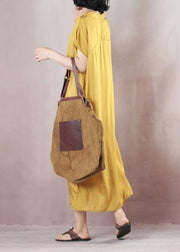 Natural short sleeve cotton summer clothes Runway yellow Plus Size Dresses - SooLinen