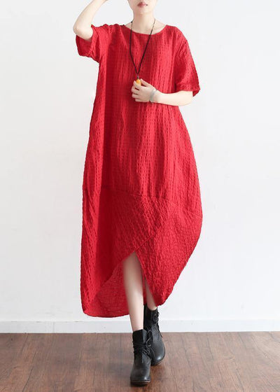 Natural short sleeve linen clothes Tutorials red plaid Dress summer - SooLinen