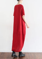 Natural short sleeve linen clothes Tutorials red plaid Dress summer - SooLinen