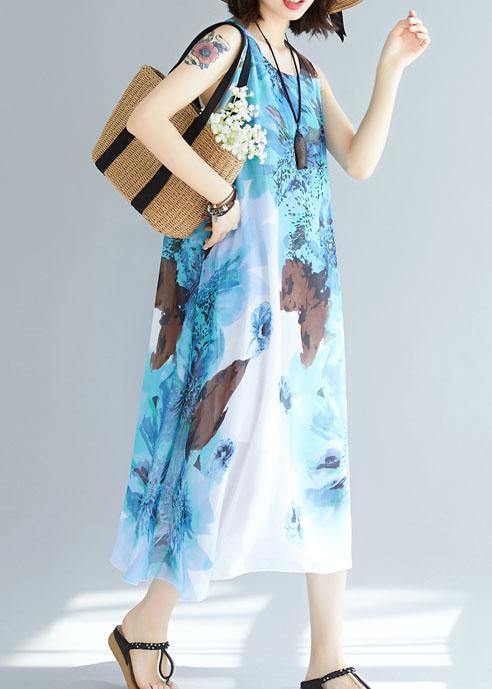 Natural sleeveless cotton Tunics Wardrobes blue prints long Dresses summer - SooLinen