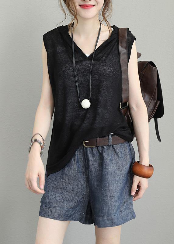 Natural sleeveless cotton clothes For Women hooded oversized black blouses - SooLinen