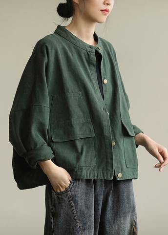 Natural stand collar Button Down Fine tunic coat green box jackets - SooLinen