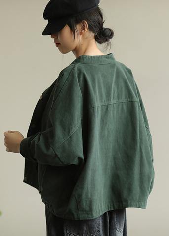 Natural stand collar Button Down Fine tunic coat green box jackets - SooLinen
