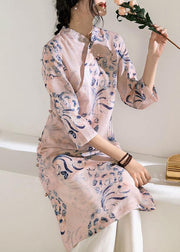 Natural stand collar Chinese Button linen summer dresses Work Outfits pink print Dress - SooLinen