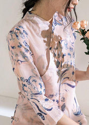 Natural stand collar Chinese Button linen summer dresses Work Outfits pink print Dress - SooLinen
