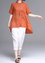 Natural stand collar asymmetric linen cotton box top orange box shirts summer - SooLinen