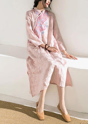 Natural stand collar embroidery linen dresses Fashion Ideas pink Dresses - SooLinen