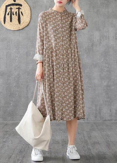 Natural stand collar patchwork cotton linen dresses Sleeve khaki print Dress - SooLinen
