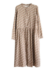 Natural stand collar patchwork cotton linen dresses Sleeve khaki print Dress - SooLinen
