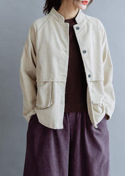 Natural stand collar pockets cotton Blouse pattern beige tops fall - SooLinen