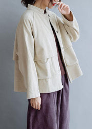 Natural stand collar pockets cotton Blouse pattern beige tops fall - SooLinen