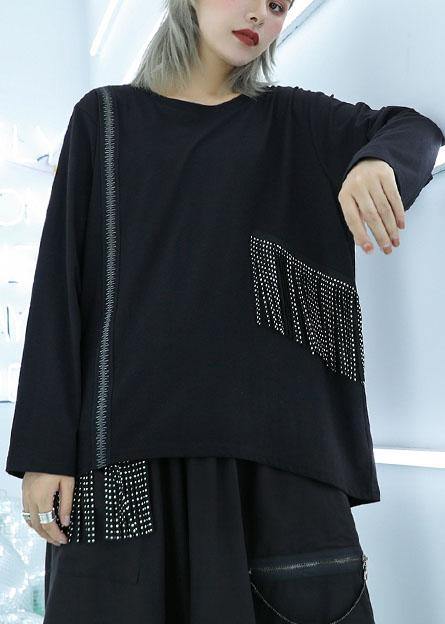 Natural tassel cotton clothes pattern black pullover fall - SooLinen