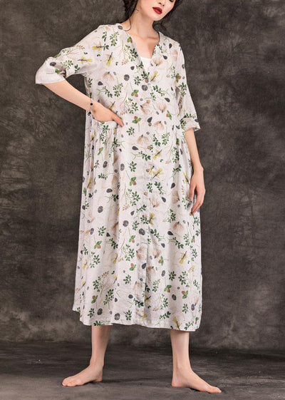 Natural v neck Button Down linen dresses Work Outfits gray print Dresses summer - SooLinen