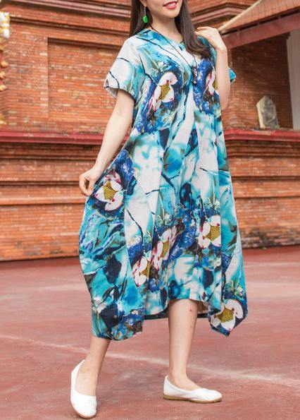 Natural v neck asymmetric cotton quilting Outfits light blue print Maxi Dress summer - SooLinen