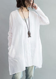 Natural v neck cotton Tunic pattern nude tops summer - SooLinen