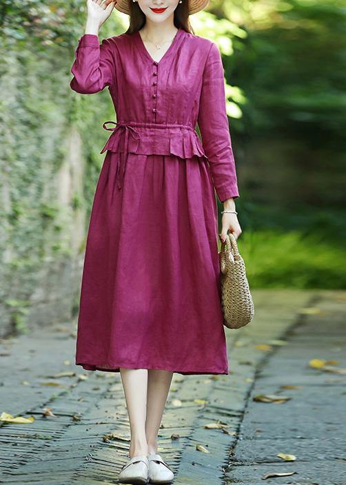 Natural v neck drawstring spring clothes Women Catwalk burgundy Dresses - SooLinen