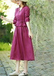 Natural v neck drawstring spring clothes Women Catwalk burgundy Dresses - SooLinen