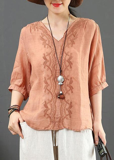 Natural v neck embroidery linen clothes For Women Sleeve orange blouses - SooLinen