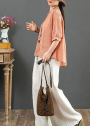 Natural v neck embroidery linen clothes For Women Sleeve orange blouses - SooLinen