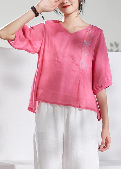 Natural v neck half sleeve linen summerclothes For Women pink print blouse - SooLinen