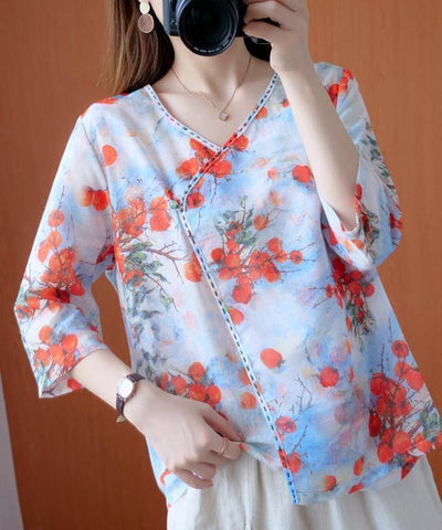 Natural v neck half sleeve summer clothes For Women Outfits red print blouse - SooLinen