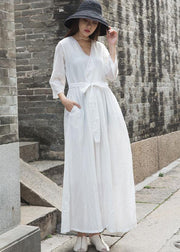 Natural v neck linen clothes For Women Outfits white Dress fall - SooLinen