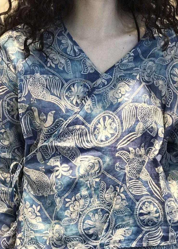 Natural v neck linen tunic top pattern blue prints blouses fall - SooLinen