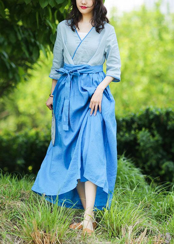 Natural v neck patchwork linen summer Long Shirts pattern blue Dresses - SooLinen