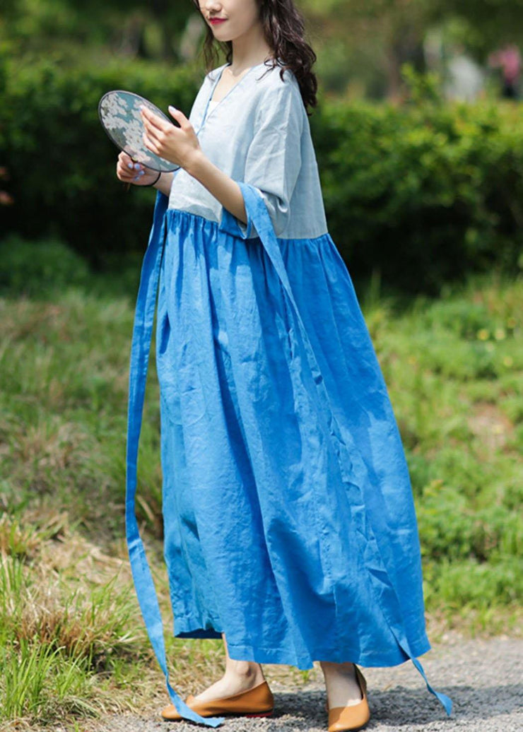 Natural v neck patchwork linen summer Long Shirts pattern blue Dresses - SooLinen