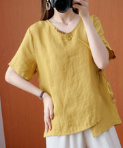 Natural v neck tie waist tops women blouses Christmas Gifts yellow embroidery shirts - SooLinen