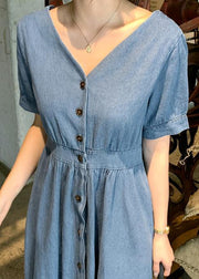 Natural v neck Cinched clothes Sewing blue Robe Dress - SooLinen