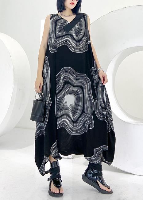 Natural v neck zippered linen dresses Wardrobes black print Dress - SooLinen