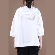 Natural white Letter tunic pattern hooded half sleeve Dresses tops - SooLinen