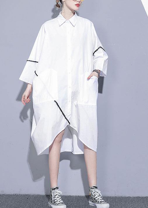 Natural white cotton clothes For Women lapel pockets patchwork cotton Dress - SooLinen