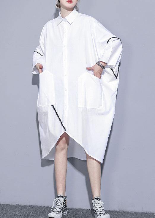 Natural white cotton clothes For Women lapel pockets patchwork cotton Dress - SooLinen