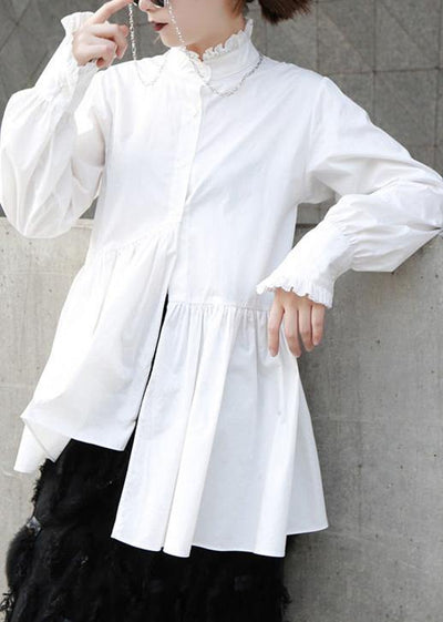 Natural white cotton clothes For Women ruffles stand collar loose summer blouse - SooLinen