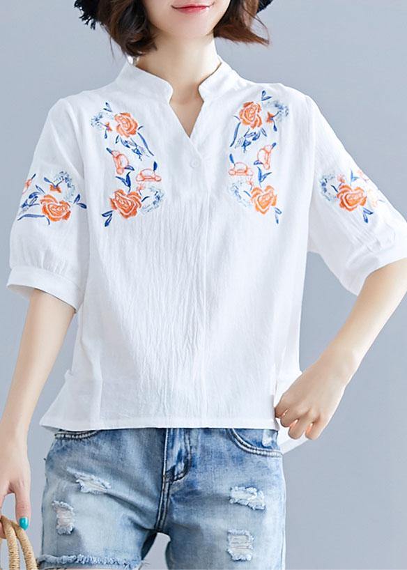 Natural white embroidery linen clothes Work Outfits v neck summer blouses - SooLinen