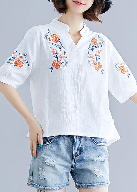 Natural white embroidery linen clothes Work Outfits v neck summer blouses - SooLinen
