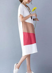 Natural white patchwork color cotton linen Wardrobes short sleeve loose summer Dresses - SooLinen