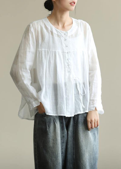 Natural white tunics for women o neck tie waist Art fall tops - SooLinen
