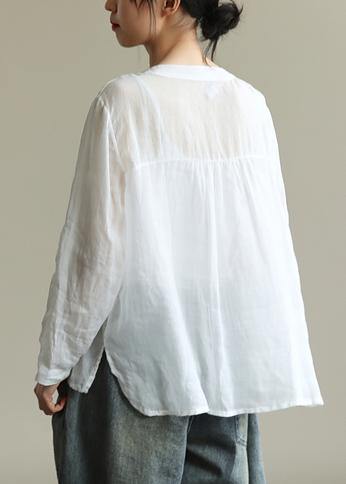 Natural white tunics for women o neck tie waist Art fall tops - SooLinen