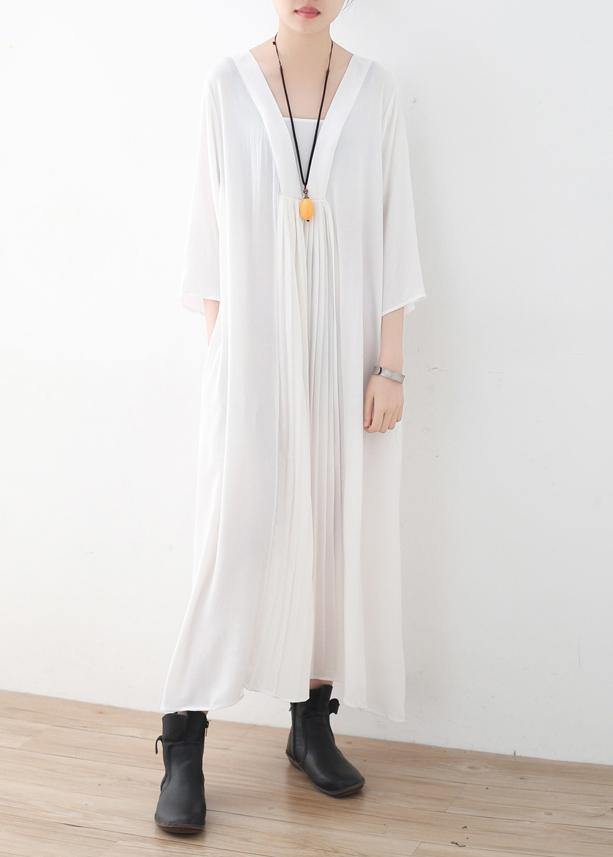 Natural Cinched chiffon Wardrobes design white v neck Traveling Dress summer - SooLinen