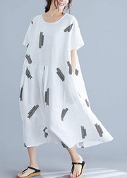 Natural Cinched cotton Long Shirts Wardrobes white prints Dress summer - SooLinen